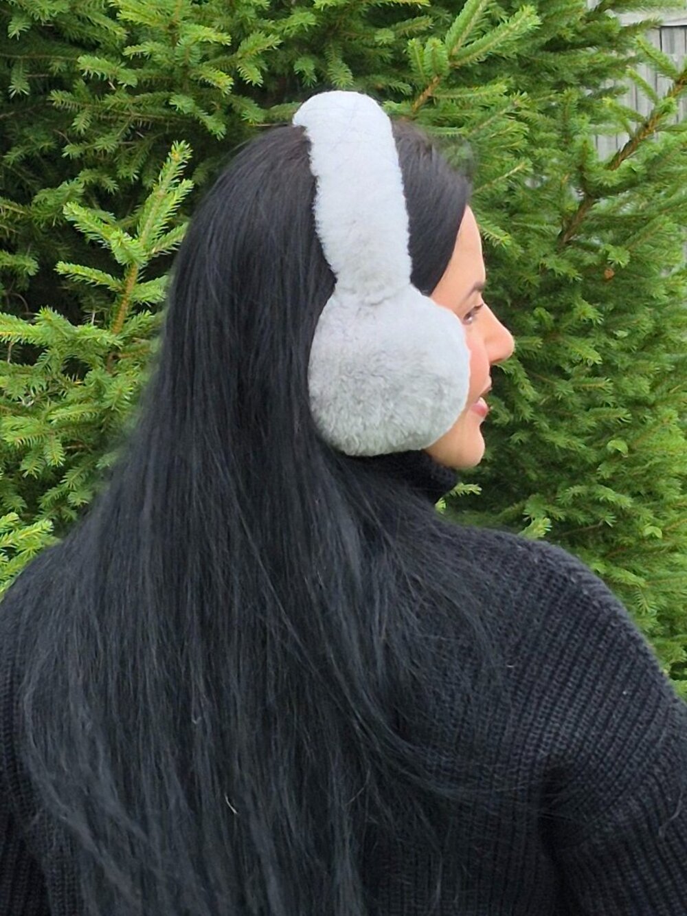 Light Gray Genuine Rabbit Fur Earmuffs, Real Fur Warm Plush Winter Head Warmers - Picture 5 of 7